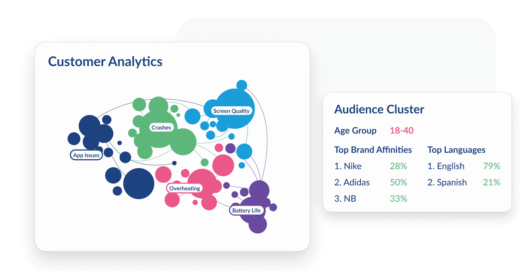 Customer analytics bubble chart with topic clusters and an audience cluster panel showing age group, brand affinities, and languages.