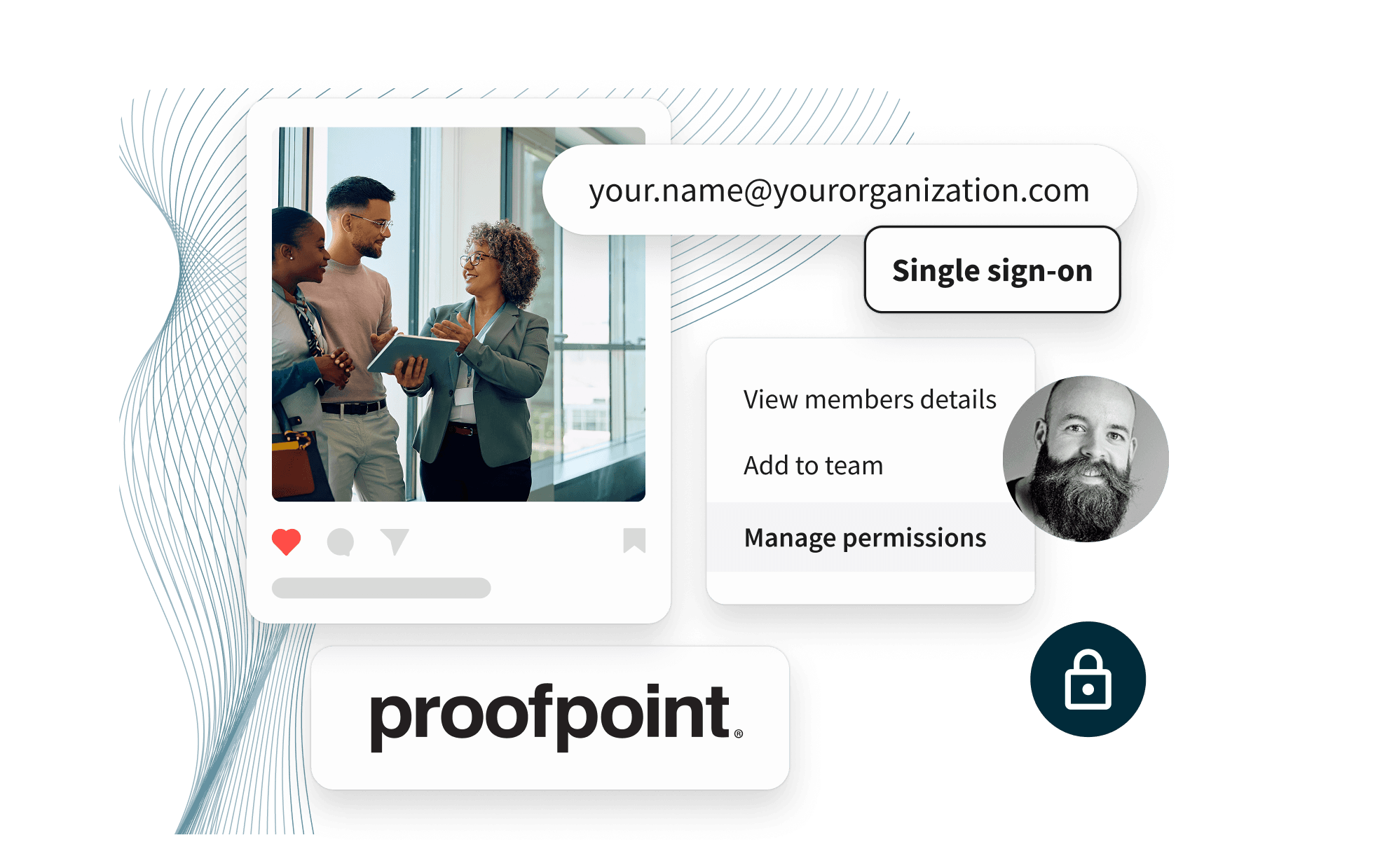 Proofpoint platform UI showing single sign-on, member permissions, and three colleagues collaborating with a tablet.