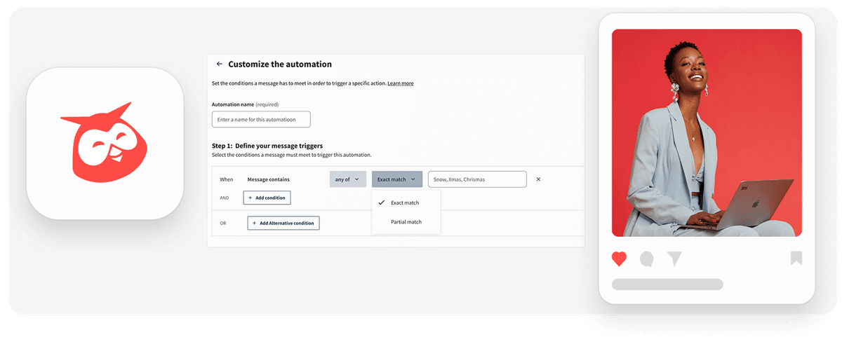 Interface showing automation setup with message trigger options and a social media post preview with engagement buttons below